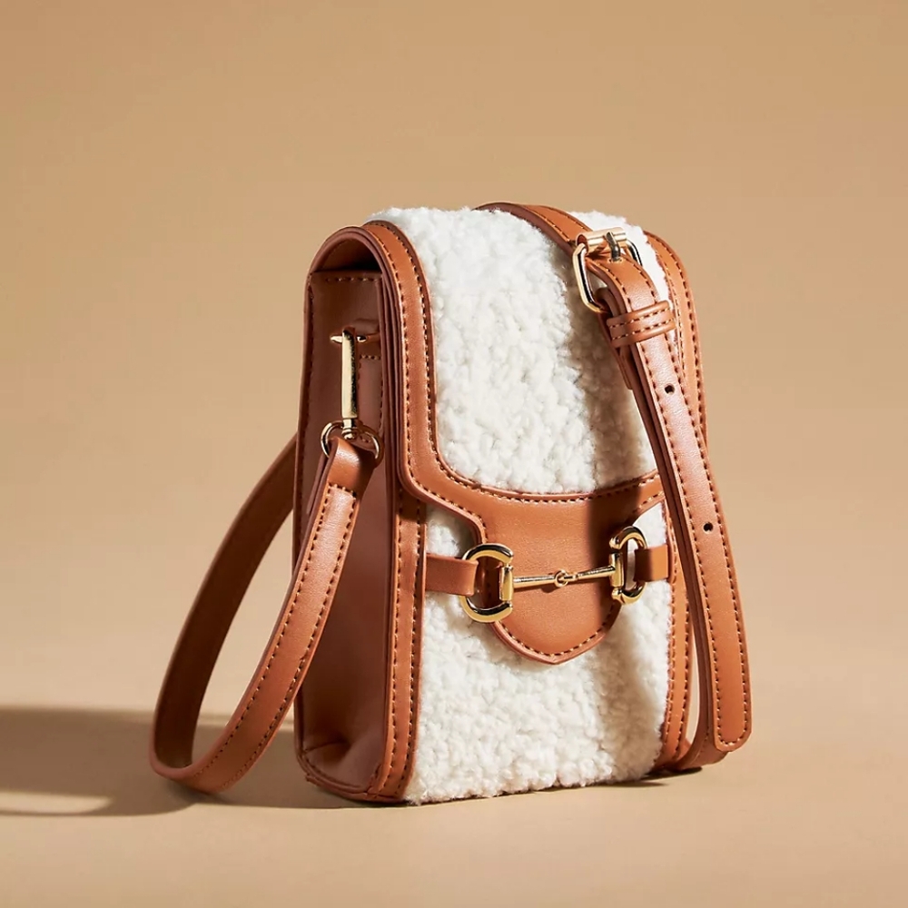 Anthropologie Sherpa Shearling Faux Leather Cell Mobile Crossbody Bag NWOT